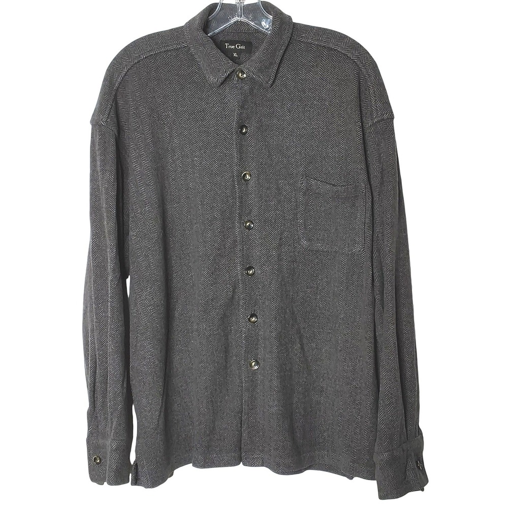 True Grit Button Down Shirt Men XL Grey Chevron Stitch Long Sleeve Soft